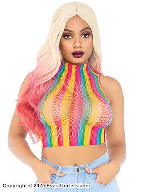 Bauchfreies Crop-Top, Netz, Rollkragen, Regenbogenfarbe